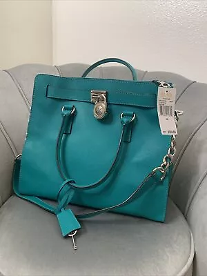 🌞michael Kors Hamilton Large Ns Aqua Saffiano Leather Silver Tote Bag Purse Nwt • $358