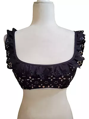 J Crew Bikini Top Sz Small Black Laser Cut Floral Print Ruffles Removeable Pads • $11.97