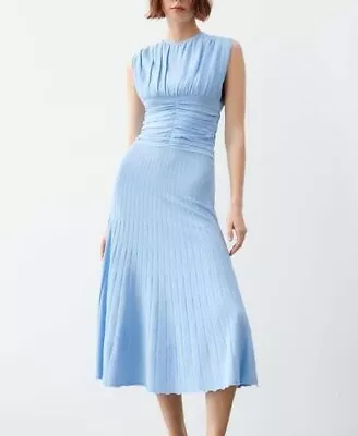 Zara Women Blue Draped Waist Pleated Knit Gathered Midi Dress New Tag Size M 10 • £25.99