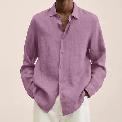 Mens Long Sleeve Cotton Linen Dress Shirt Casual Solid Button-up Baggy Tops UK • £11.59