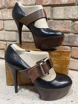 EC Marni Platform Leather Italy Shoes Pumps Black Brown Women Sz 37.5 Heels RARE • $45.99