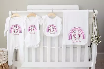 New Baby ~Gift~*Baby Gro *Set *Personalised ~Pink Baby Feet Rainbow • £6.99