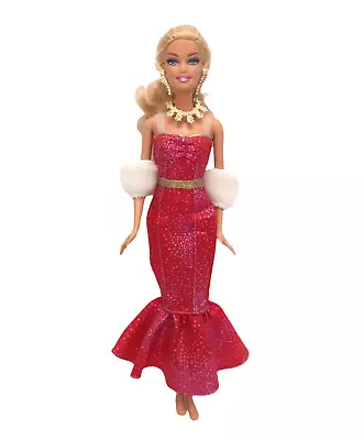 Mattel Holiday BARBIE Doll & Red Sparkle Mermaid Gown White Fur Stole Jewellery • $24.99