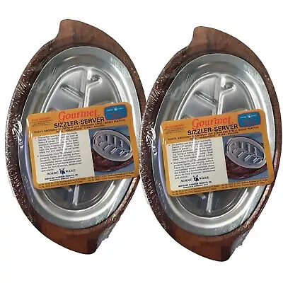 NordicWare Gourmet Sizzler Server Stainless Steel Platter & Teak Holder Set Of 2 • $35