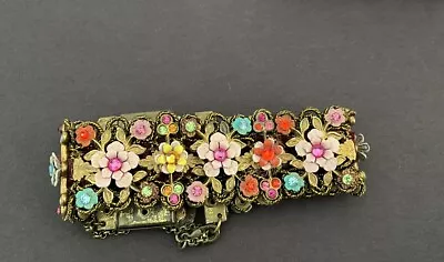 Michal Negrin Lace Bracelet AB Crystals Flowers Victorian Rose Cameo Cuff • $87