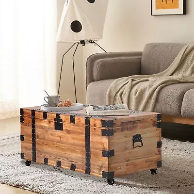 Reclaimed Wood Coffee Table With Wheels & Large Storage Natural/Black Metal • $331.15