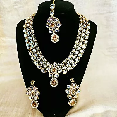 Indian Jewellery: 4pc Jewellery Set In Orange And Gold With Kundan Stone • $75