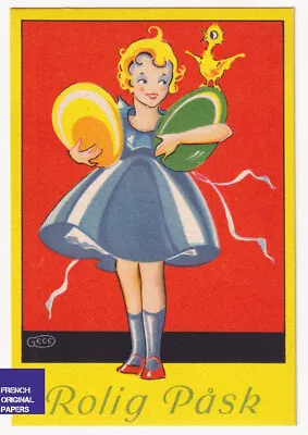 Easter - GECE SMALL CPA Vintage Sweden Art Deco - Egg Girl Chick Påsk Easter • £10.27