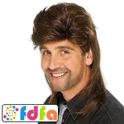 Smiffys 80s Brown Mullet Wig Brown Pop Star Mens Adults Fancy Dress Accessory • £10.49