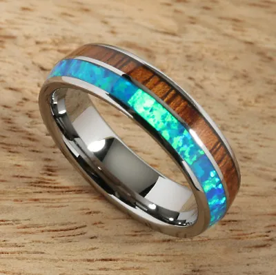 Tungsten Carbide Inlaid Hawaiian Koa Wood With Opal Ring 6mm (Oval Comfort Fit) • $110