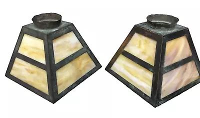 Pair Antique Lamp Shades Mission Arts & Crafts Copper & Caramel Amber Glass • $250