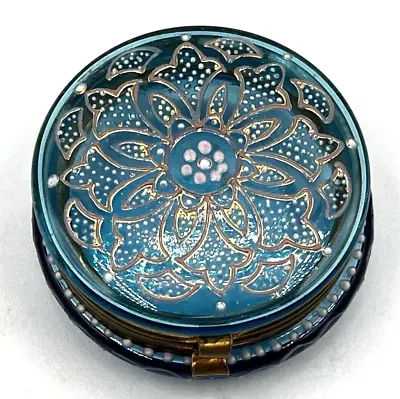Vintage Moser Blue Enameled Bohemian Glass Hinged Trinket Jewelry Pill Ring Box • $174.99