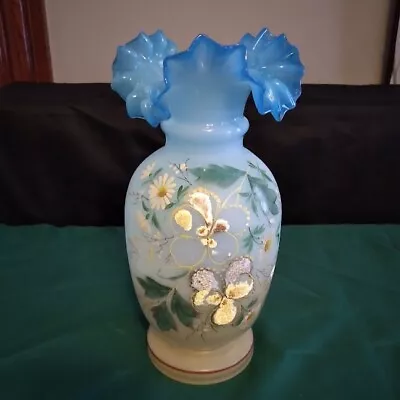 Antique Victorian Blue Bristol Glass Hand Painted 10  Floral Ruffled Vase • $29