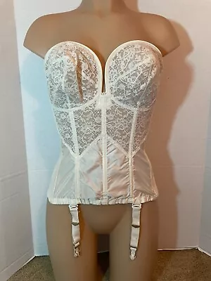 Vtg MERRY WIDOW Corset SATIN & Floral LACE 6 Garters OVERWIRE BRA 34D Sheer • $64.99