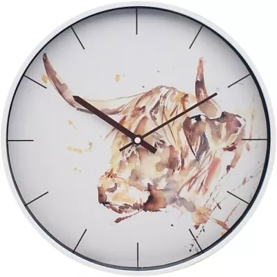 Country Life Highland Cow Quartz Round Wall Clock Analogue Watercolour Coo • £19.99