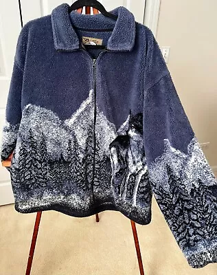 VINTAGE BEAR RIDGE OUTFITTERS Wolf ALL OVER PRINT FLEECE JACKET Size XL USA • $39.99