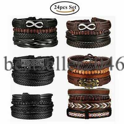 4-24pcs Men Women PU Leather Bracelet Infinity Beaded Braided Cuff Wristband Set • $8.99