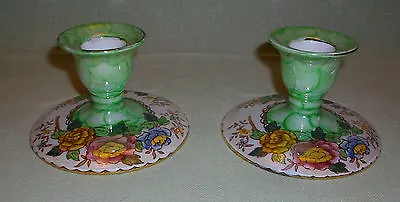 Pair Maling Candlesticks In Peony Rose Pattern Green Thumb Pattern Circa 1950's • £48