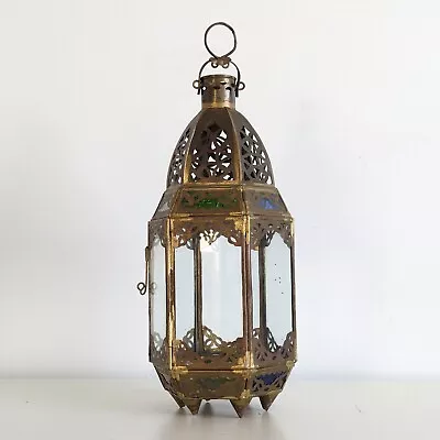 Moroccan Candle Lantern In Gilt Metal & Coloured Glass Hanging Vintage • £36