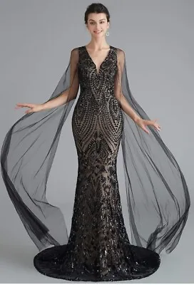 Black & Nude Luxury Mermaid Sequin Formal Prom Ball Gown Sz 6 • $115