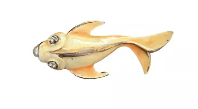 VTG Enameled Koi Fish Pin Brooch 3” Yellow Gold Tone Rhinestone Eyes - Read • $12.95