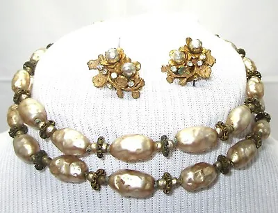 Vintage Classic Miriam Haskell Baroque Pearl & Gold Disk Necklace + Earrings Set • $175