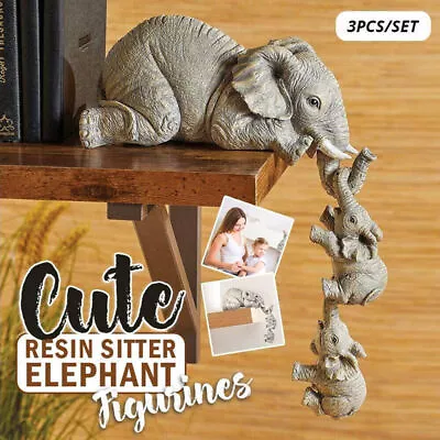 3X Resin Elephant Sitter Figurines Mother And 2 Babies Hanging Off Edge For Gift • $9.59