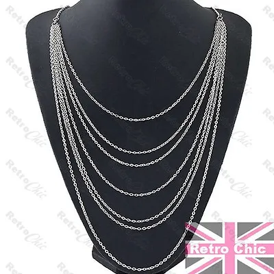 LONG MULTI CHAIN Layered NECKLACE Chains SILVER FASHION Multistrand • £1.99