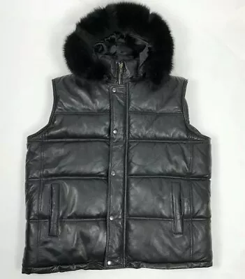 Mens Black Lambskin Leather Vest With Fur HOODED Black Coat • $109.69