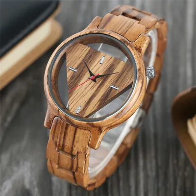 Women Men Wood Quartz Wrist Watch Nature Full Wooden Skeleton Triangle Dial Gift • $32.99