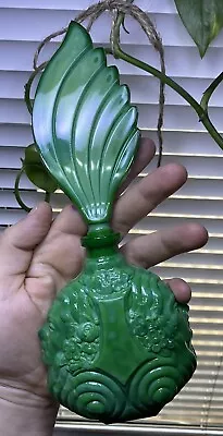 Art Deco Vintage Czech Bohemia Green Glass Perfume Bottle Art Nouveau Faces • $19.90