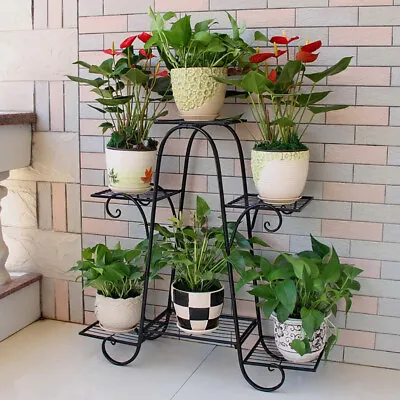 Heavy Duty Metal Plant Stand W/ 3 Layers 6 Flower Pots Shelf Display Rack Black • £19.95