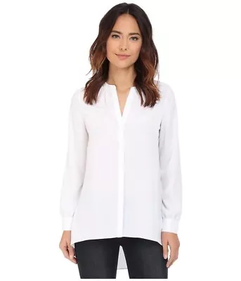 NYDJ Women's Tunic High Low Mandarin Collar Pleated White Blouse Shirt Size XS • $12.99