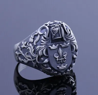 Men Family Crest Anniversary Ring Custom Wax Seal Signet Silver Memento Band 925 • £135.95