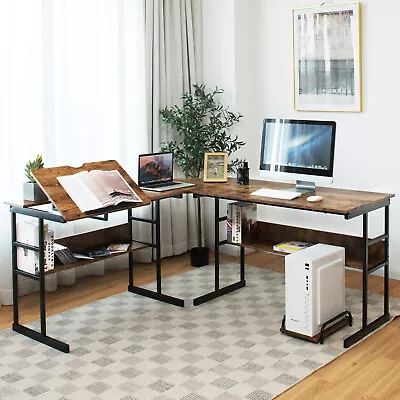 Costway L-Shaped Computer Desk Drafting Corner Table Workstation Rustic Brown • $159.95