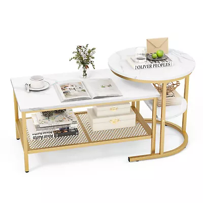 Nesting Coffee Table Set Of 2 Faux Marble Top Detachable W/ Storage Shelf Gold • $99.98