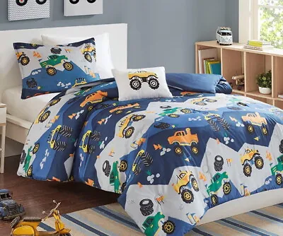 Monster Trucks Rally Comforter Set : Kids Boys White Blue Jam Bedding • $72.45