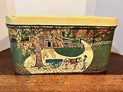 Vintage Bread Box Tin Country Amish Horse Farm Barn Wagon Meister Louella Rustic • $61