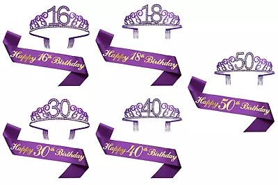 Sash And Tiara Set 16 18 304050 Birthday Gifts Birthday Sash Purple • £8.99