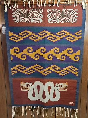 UNIQUE ISAAC VASQUEZ HANDWOVEN SIGNED Mayan Glyphs TEXTILE WALL HANGING 44 X 64  • $850