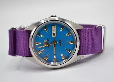 Orient Tristar 36mm Men's Watch Blue Dial Purple Canvas Band Automatic • $99.99