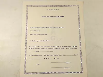 Masonic From The East Masons Throughout The Globe Certificate Unused • $24.95