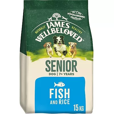 15kg James Wellbeloved Natural Senior Complete Dry Dog Food Fish & Rice Biscuits • £59.49