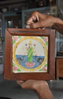 Vintage Unique Wooden Framed Goddess Laxmi Picture Fine Ceramic Tile • $77.14