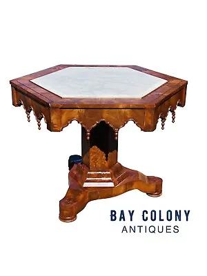 19th C Antique Southern Us Mahogany Gothic Parlor Table With Inset Marble Top • $1875
