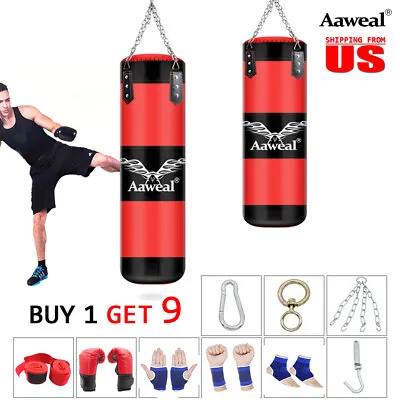 Heavy Boxing Empty Punching Bag Training GYM MMA Workout W/Chain Hook Gloves Set • $31.34