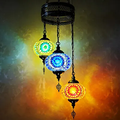 3 Globes Handmade Turkish Mosaic Lamp Chandelier Moroccan Hanging Light Fixtures • $95.03