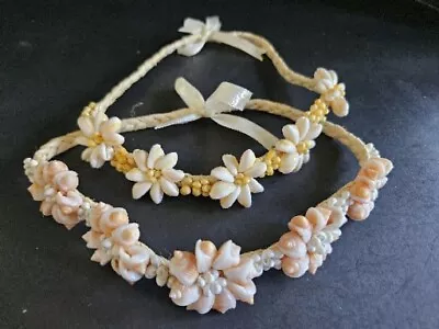 Vintage Hawaii Handmade Raffia Weaved Sea Shell Flower Necklaces Boho Beachy Th • $15.80