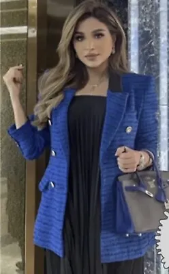 $85 • Buy Nwt Zara Combination Faux Leather Textured Tweed Blazer Jacket Blue 2128/242_s