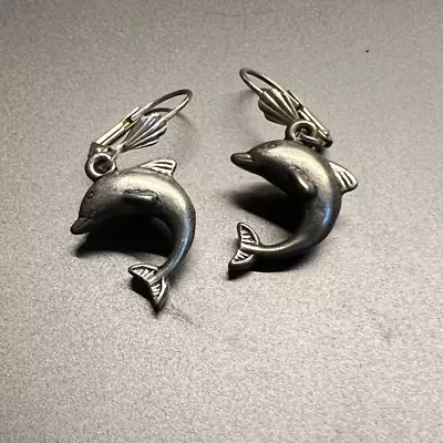 Vintage Silver Dolphin Dangle Drop Earrings • $18